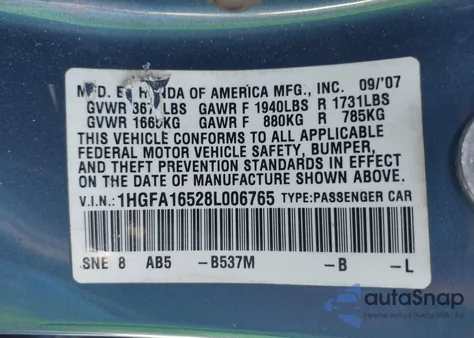 2008 Honda Civic Lx из США, поврежденный, VIN 1HGFA16528L006765